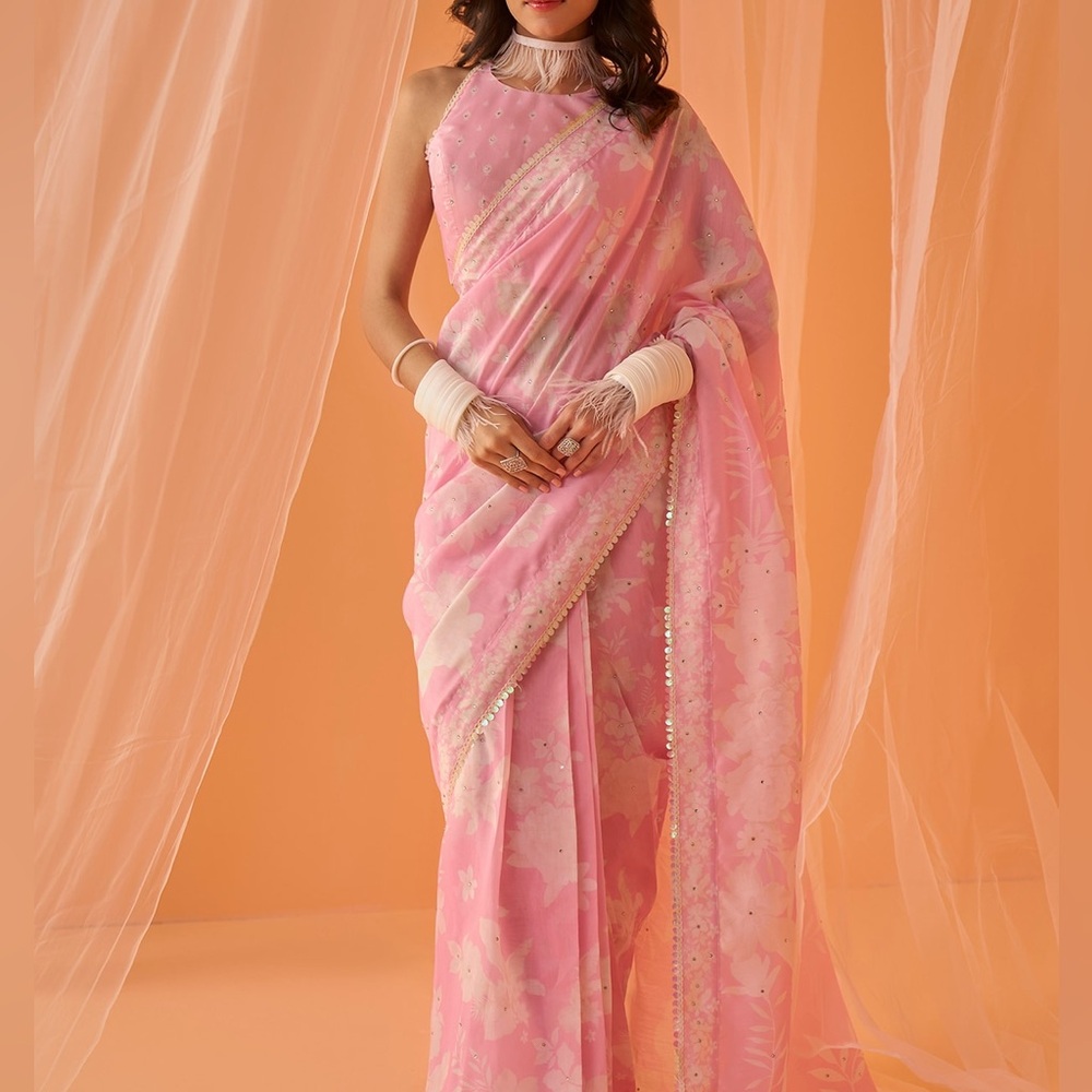 Pre-Stitched Light Pink White Floral Saree
